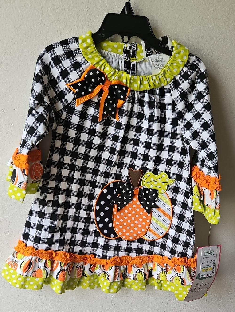 Rare Editions Fall Black and White Gingham Dress with Lime and Orange Accents